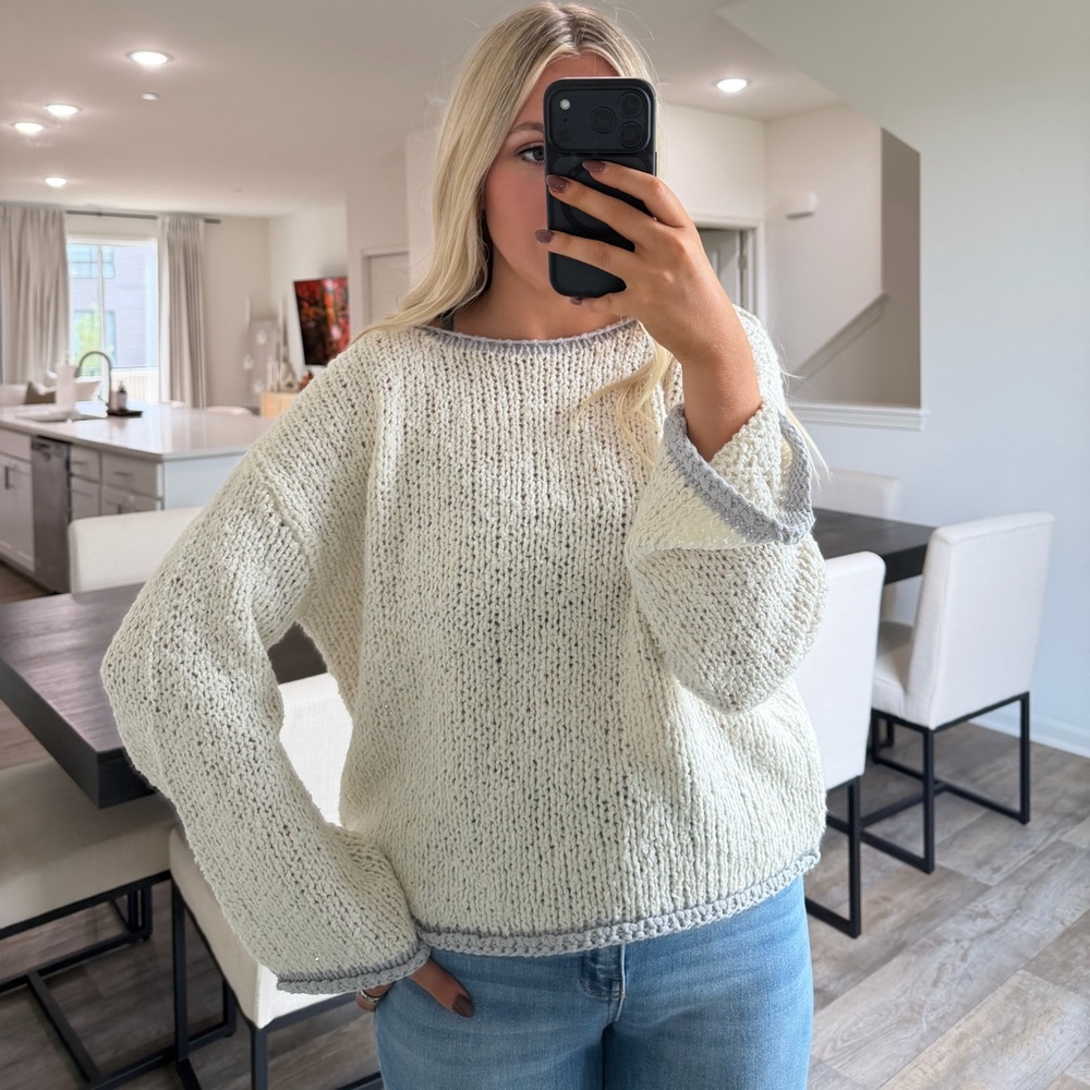 Elegant Cream and Gray Knit Sweater
